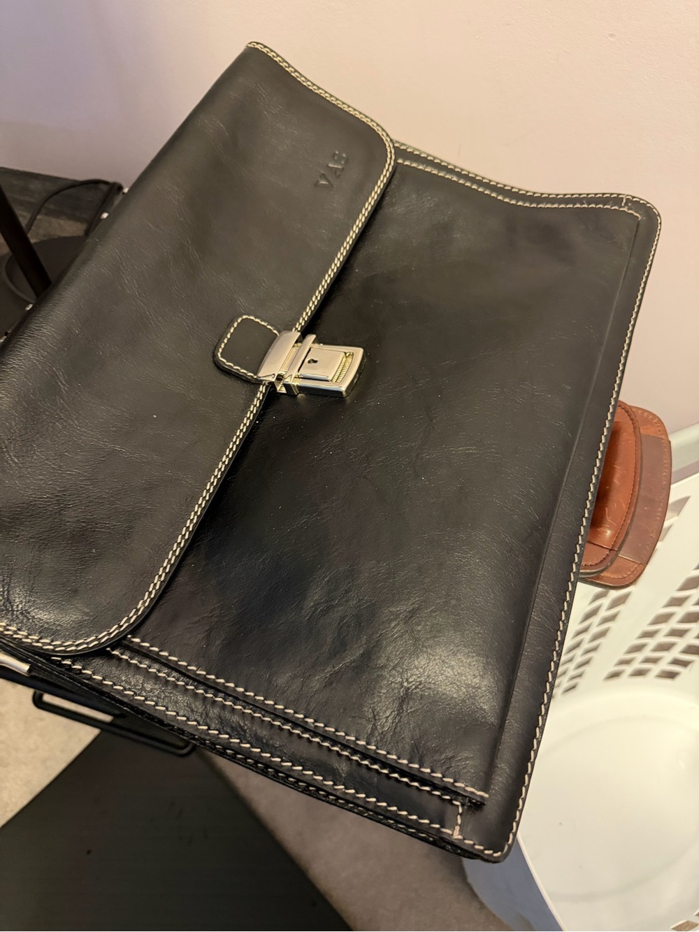 Men's Black Leather Briefcase with Contrast Stitching and Silver Lock